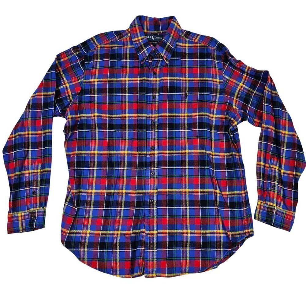 Ralph Lauren Flannel Classic Fit Blue Plaid LS Shirt XL 100% Cotton Multicolor
